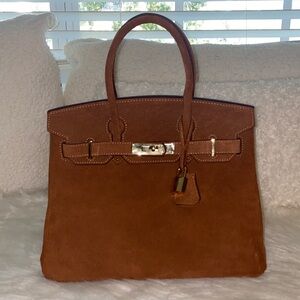 new 30cm chestnut brown genuine suede top handle handbag bk30